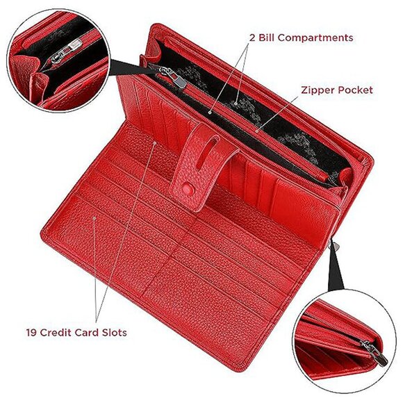 WOMENS Wallet, Large Capacity Genuine Leather Burgundy-Red - Picture 6 of 7